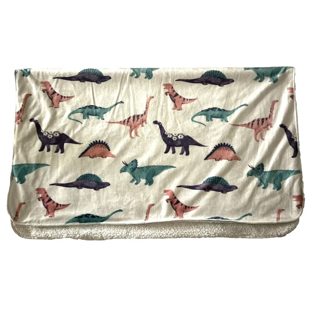 White Baby Dinosaur Blanket Plush Sherpa Purple Pink Green Dino 30x40 Lovey Girl